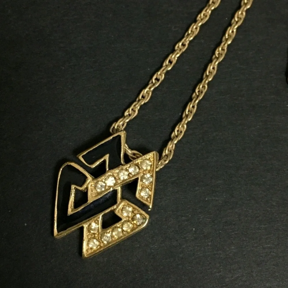 Givenchy G Gold & Black W/ Silver Rhinestones Pendant Necklace (EUC)✨️